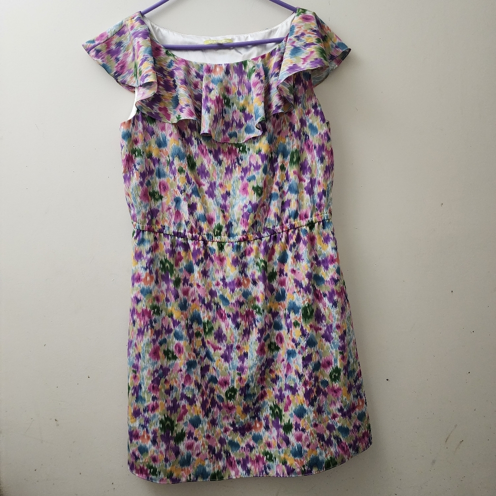 Gianni Bini Abstract Watercolor Jewel Tone Dress L Spring Easter Fairy Ruffle